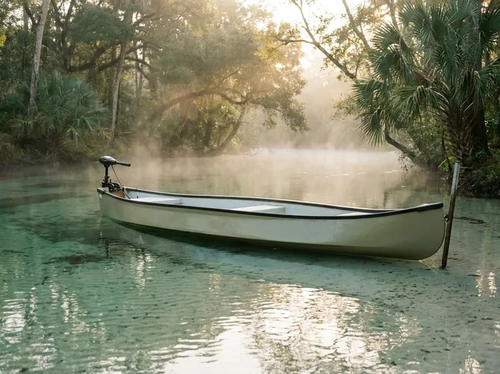 A light Gheenoe 15'4" with a trolling motor staked in a crystal-clear spring run at dawn.
