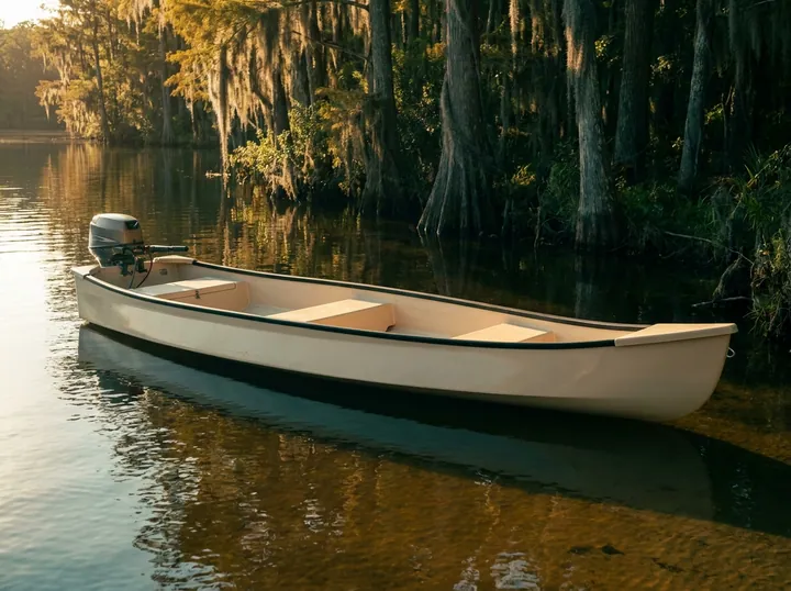 A long narrow Gheenoe hull with a small outboard resting on tannic water beside cypress trees at golden hour.