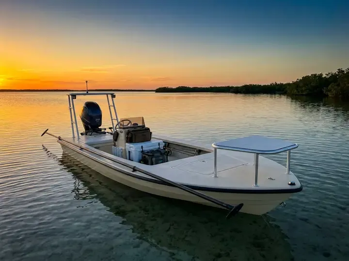 A 14-foot flats skiff with a forward casting deck and push pole staked off on clear shallow saltwater at golden hour.