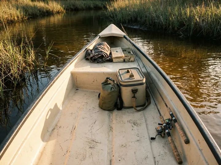 The 15'4" loaded for a trip: rods, cooler, dry bag, and tackle on the open floor, with room to spare.