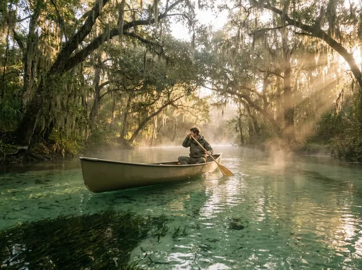 An angler paddles the 15'4" through a glassy spring run beneath moss-draped oaks — no motor mounted.