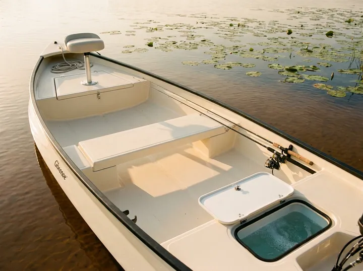 The clean interior of a Gheenoe: bench seat, forward swivel seat, open livewell, and rods along the gunwale.