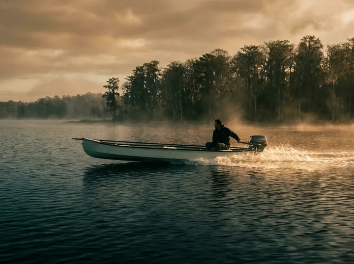 A Gheenoe on plane across a misty lake at first light, lone angler at the tiller.