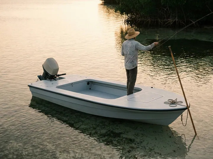 An angler casts from the 14F's bow deck on an inches-deep flat, push pole staked off the stern.