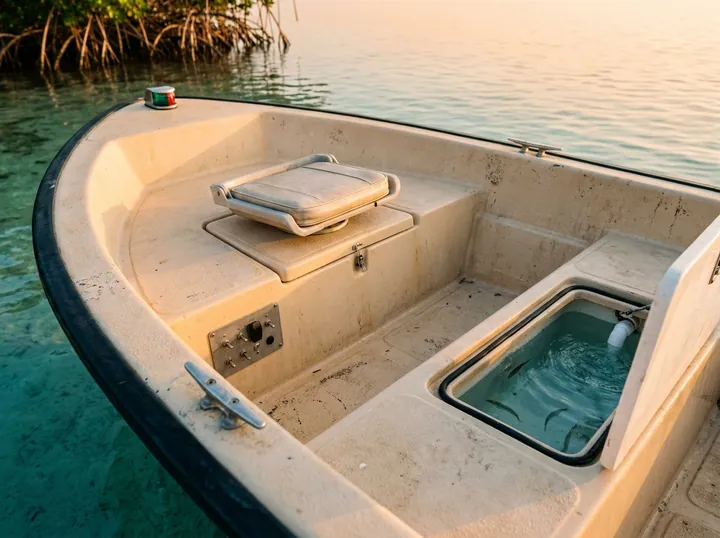 The 14F's cockpit: folding fishing seat, switch panel, and a plumbed livewell with bait swimming.