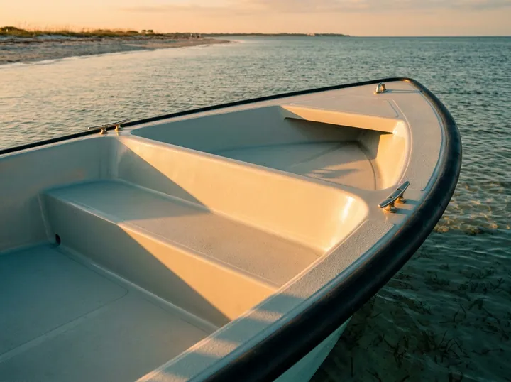 Bow detail of the 14S: molded fiberglass, stainless cleats, and a heavy-duty rub rail in warm light.