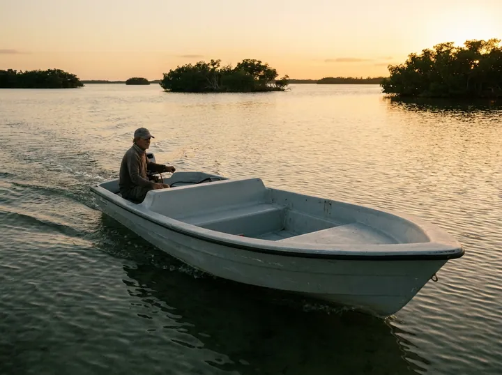 The 14S running a calm flat at sunset, the angler steering the tiller from the bench seat.