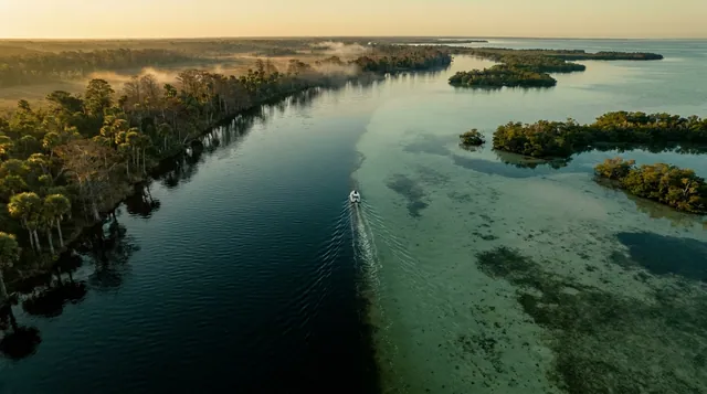 From above at first light: a dark tannic river channel meets clear shallow flats, a lone skiff running the seam between them.